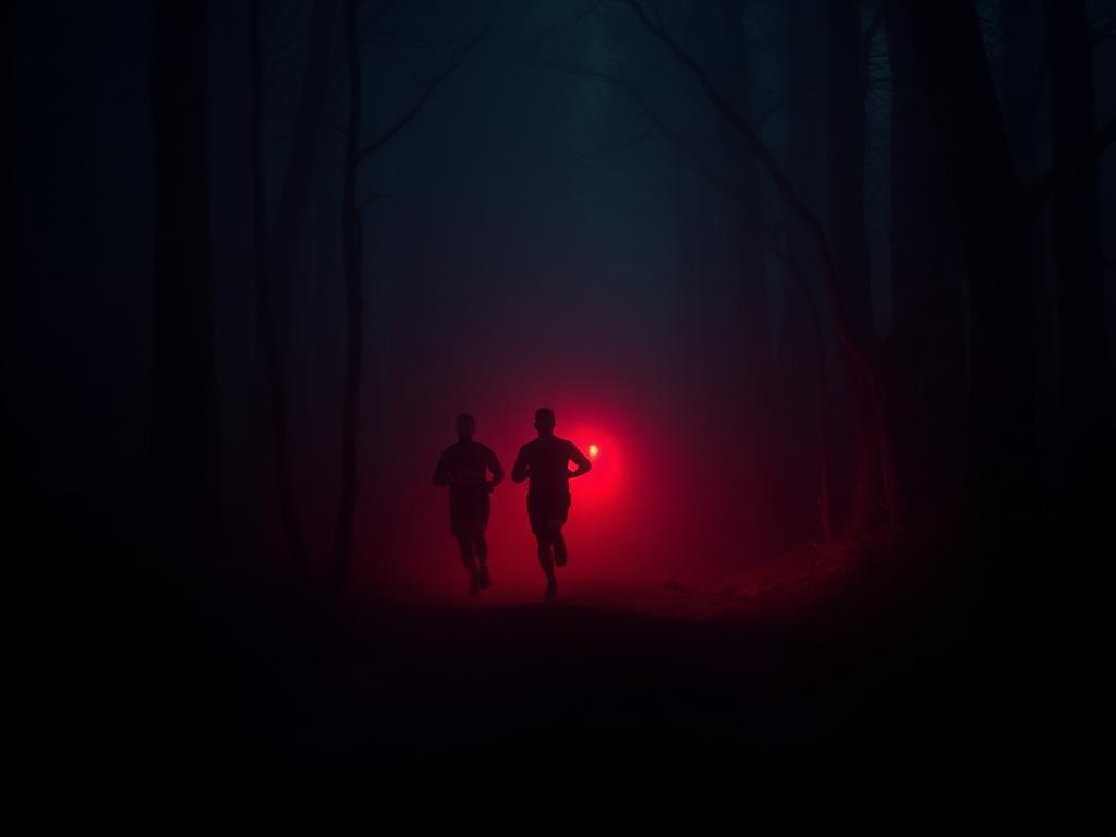Runners in a foggy dark forest