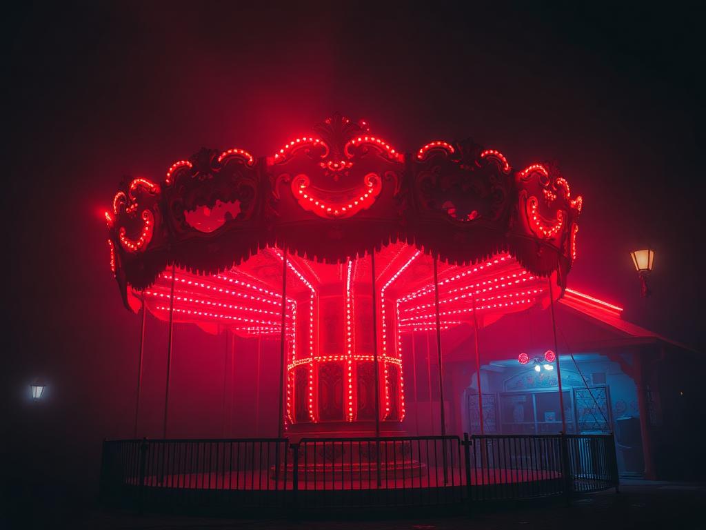 Carousel glowing red in fog