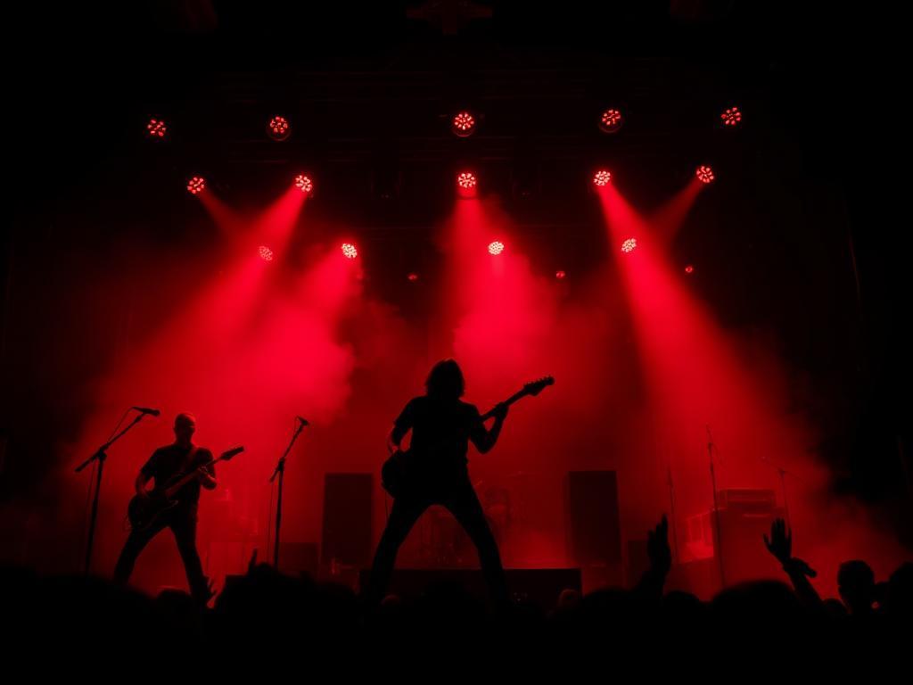 Band playing under red strobes